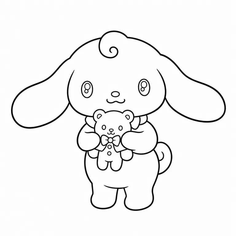 Cinnamoroll Sanrio white puppy with long floppy ears and curly cinnamon-roll tail, full body pose, black and white printable coloring page for kids