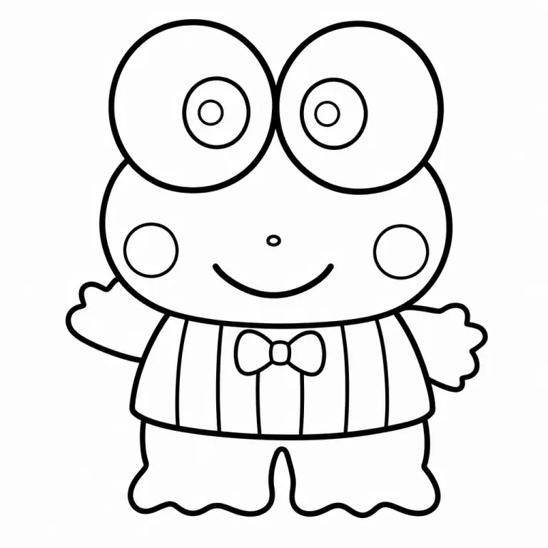Keroppi Sanrio green frog character with big round eyes and V-shaped mouth, full body standing pose, black and white printable coloring page for kids