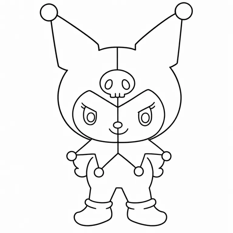 Kuromi Sanrio character with black jester hat pink skull and devil tail, full body standing pose, black and white printable coloring page for kids