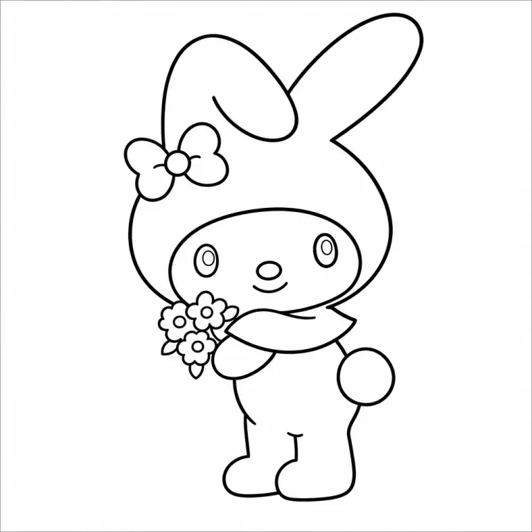 My Melody Sanrio pink-hooded bunny character with hood ears and tiny flower, full body standing pose, black and white printable coloring page for kids