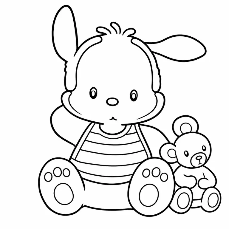 Pochacco Sanrio white puppy with black floppy ears and round body, full body standing pose, black and white printable coloring page for kids