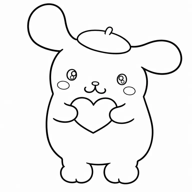 Pompompurin Sanrio golden retriever pudding-shaped character with brown beret cap, full body pose, black and white printable coloring page for kids