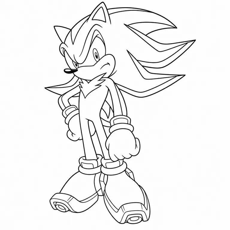 Shadow the Hedgehog standing full body with upswept quills and air shoes, black and white printable coloring page for kids