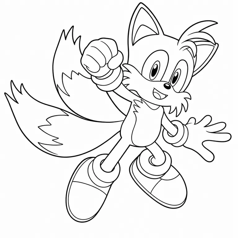Tails the two-tailed fox Miles Prower standing full body with twin tails, black and white printable coloring page for kids
