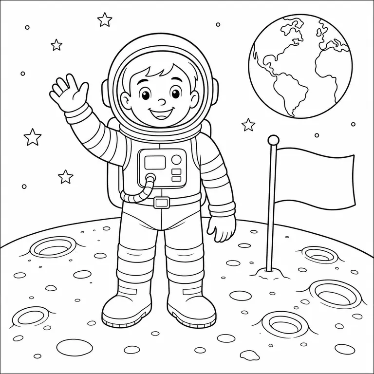 Smiling astronaut waving on the moon with Earth craters and flag, black and white printable coloring page for kids