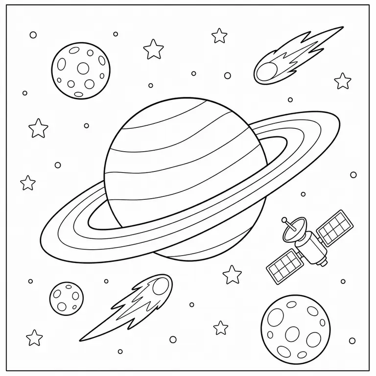 Large ringed planet with moons comets stars and small satellite, black and white printable coloring page for kids