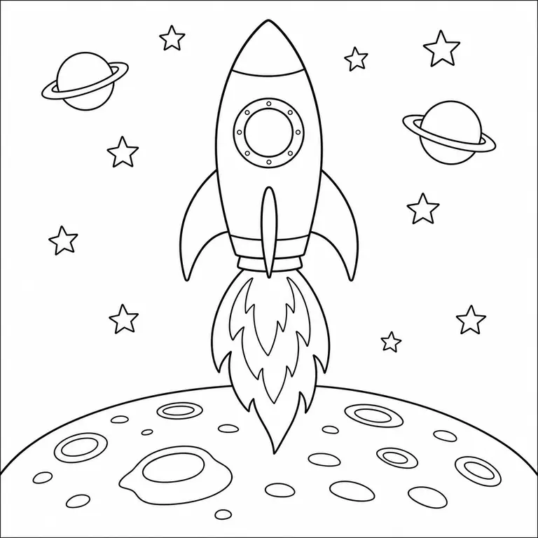 Rocket ship launching from the moon with stars planets and flame outline, black and white printable coloring page for kids