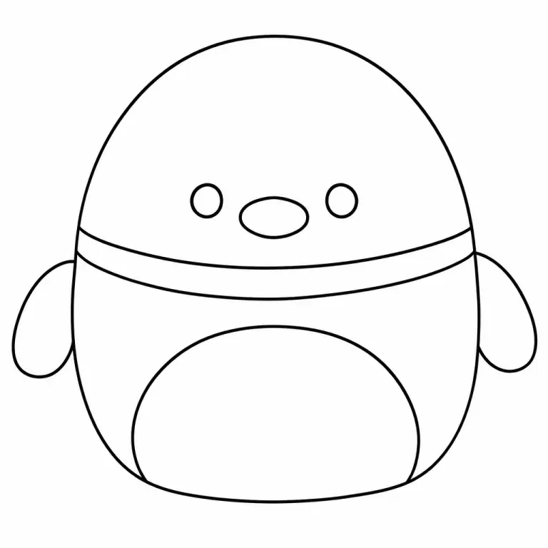 Avery the Mallard Squishmallow green duck plush with round body, flat duck bill, and tiny wings, full body front view, black and white printable coloring page for kids