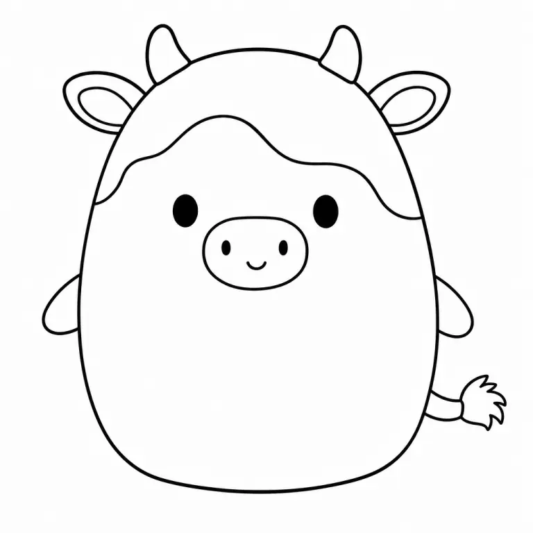 Connor the Cow Squishmallow black and white spotted cow plush with round body, tiny horns, and floppy ears, full body front view, black and white printable coloring page for kids