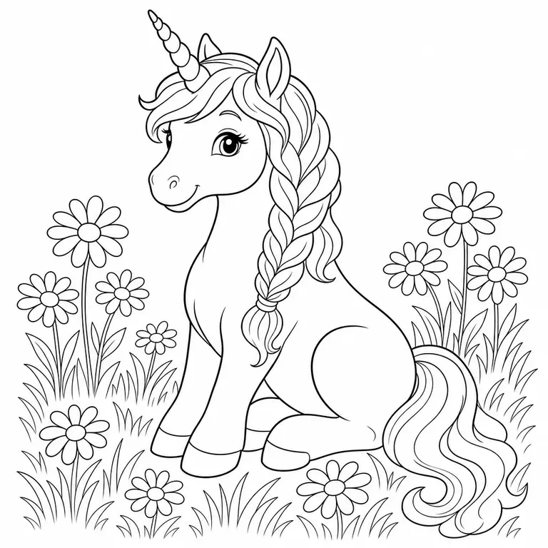 Unicorn sitting in a flower meadow with daisies and flowing tail, black and white printable coloring page for kids