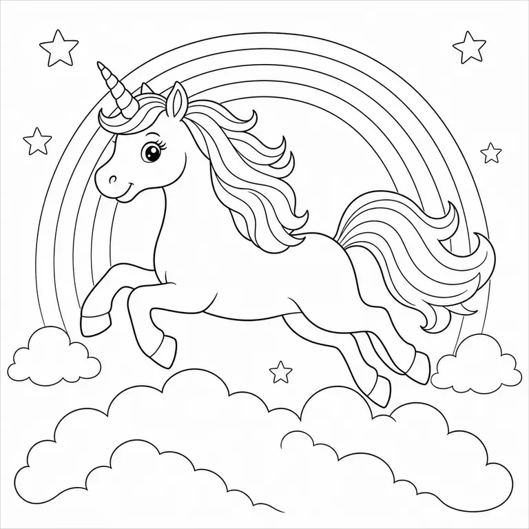Unicorn leaping over puffy clouds with rainbow arch and flowing mane, black and white printable coloring page for kids