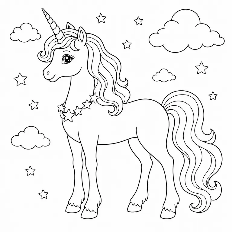 Graceful unicorn with spiral horn star garland clouds and small stars, black and white printable coloring page for kids
